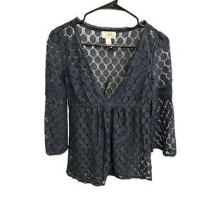 Ann Taylor Loft NWT Navy Crochet Lace Top Bell Sleeves Whimsygoth Witchy Sz XS